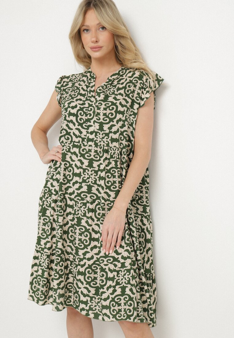 Rochie verde de bumbac cu croi evazat cu imprimeu ornamental Zalimea