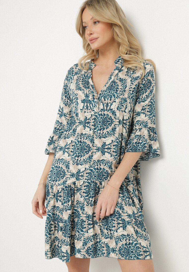 Rochie evazată Bleumarin-bej din bumbac cu volane cu imprimeu ornamental Lanoreth