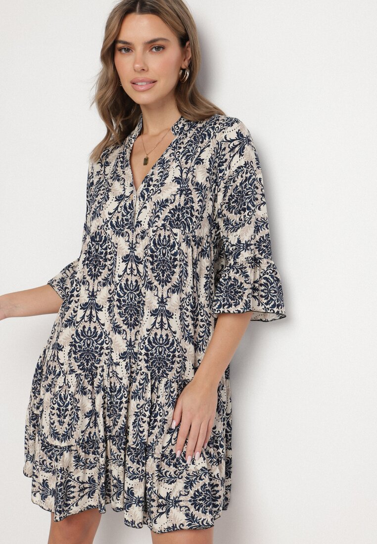 Rochie evazată bleumarin din bumbac cu volane cu model ornamental Lanoreth