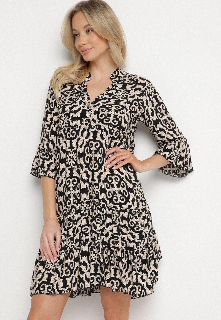 Rochie Neagră Cloș din Bumbac cu Model Etnic Zalista