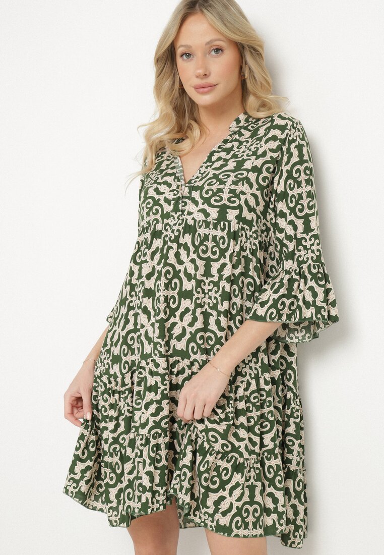 Rochie Verde Amplă din Bumbac cu Model Etnic Zalista