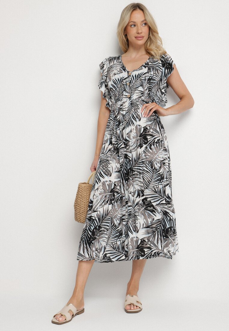 Rochie Alb-Negru Evazată cu Imprimeu Floral din Bumbac Lanioreta