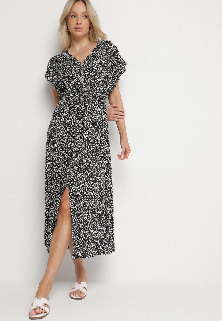 Rochie Neagră din Bumbac cu Elastic în Talie cu Flori Mici Nulinea