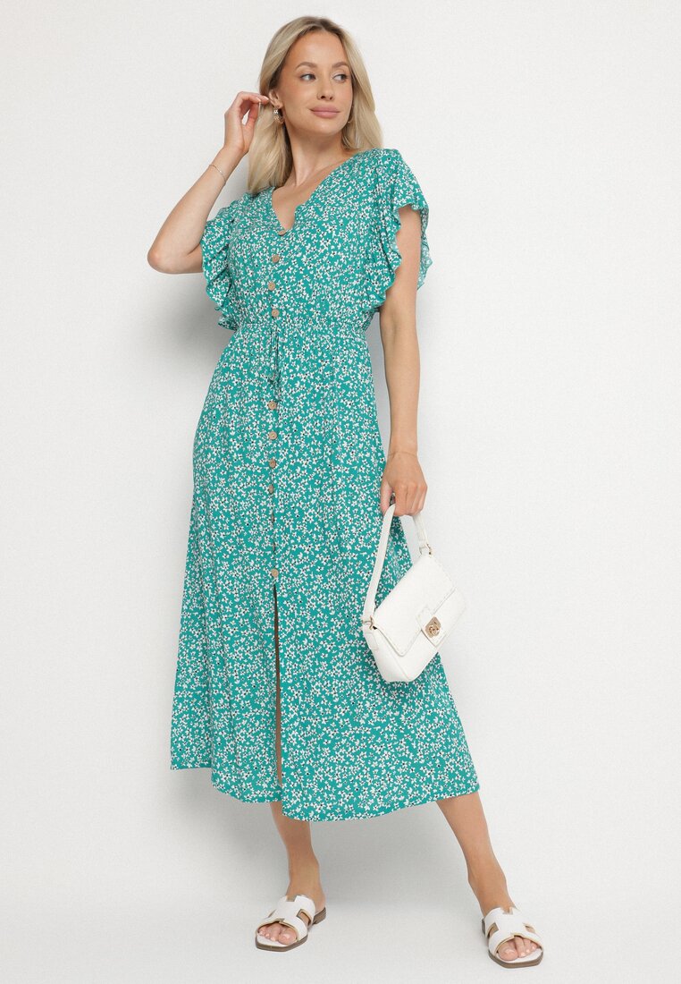 Rochie Verde de bumbac cu elastic în talie cu flori mici Nulinea