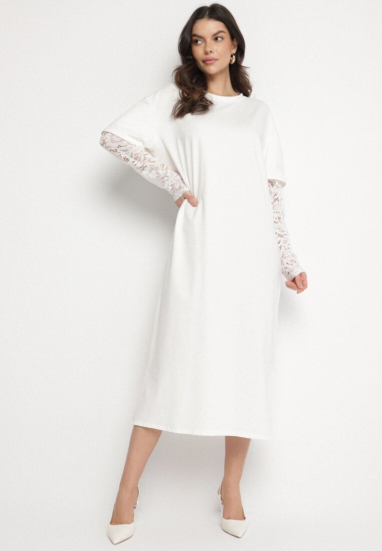 Rochie T-shirt Bej deschis din bumbac cu șlițuri și mâneci din dantelă Fenisia