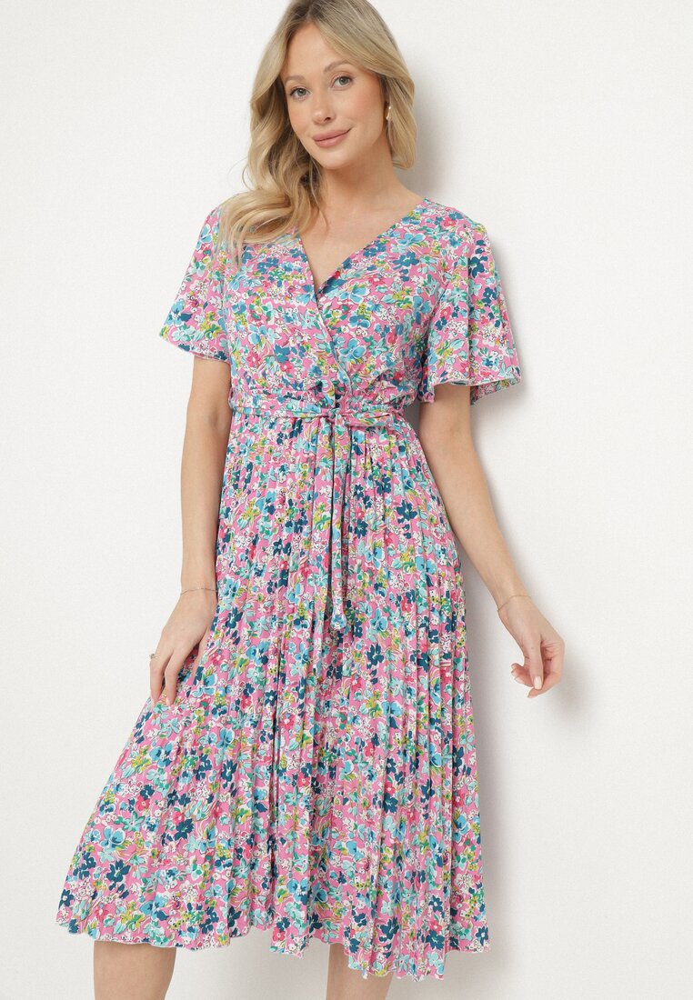 Rochie Roz Cloche Pliată Florală cu Decolteu Petrecut Lanasira