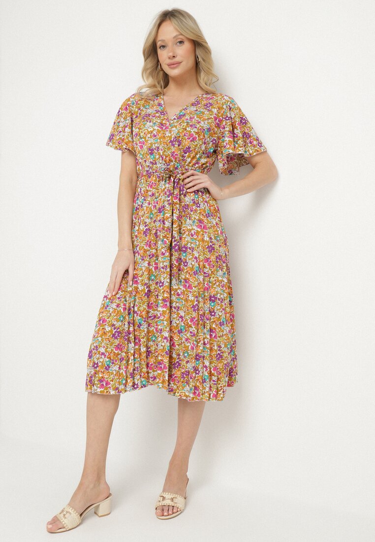 Rochie Cloș Galbenă cu Imprimeu floral, cu Decolteu petrecut, Plisată Lanasira