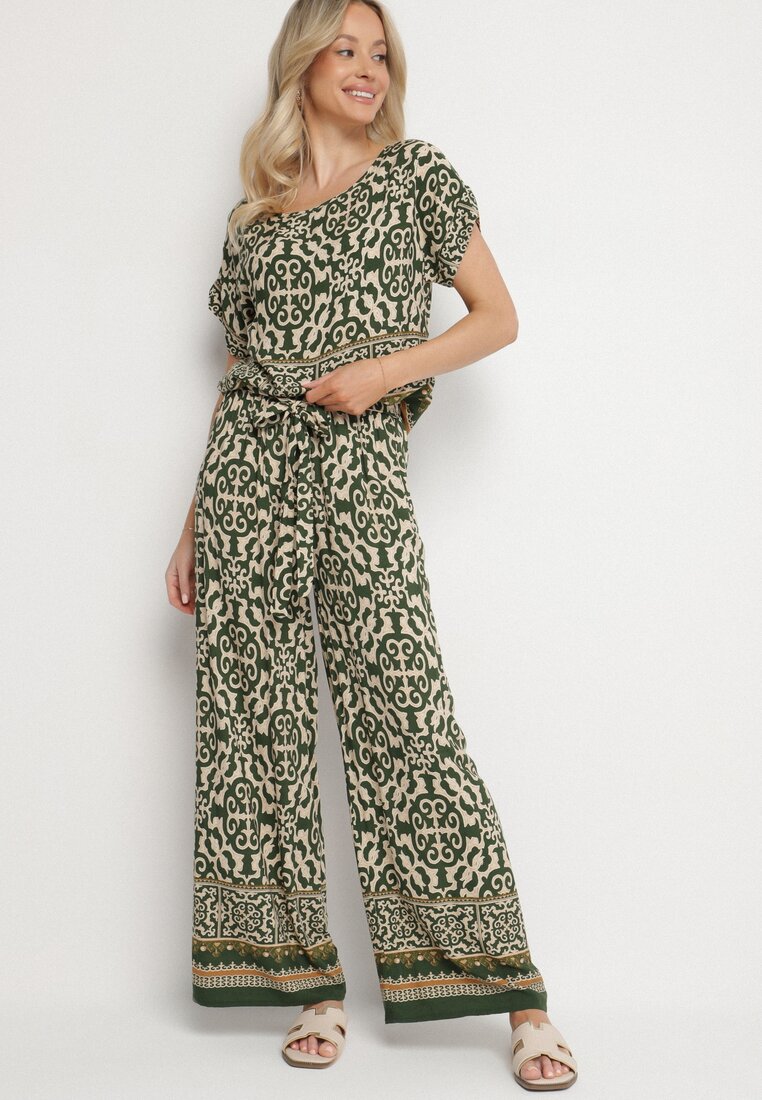 Set Verde Închis de Bumbac cu Model Ornamental Pantaloni și Bluză Nanirienna