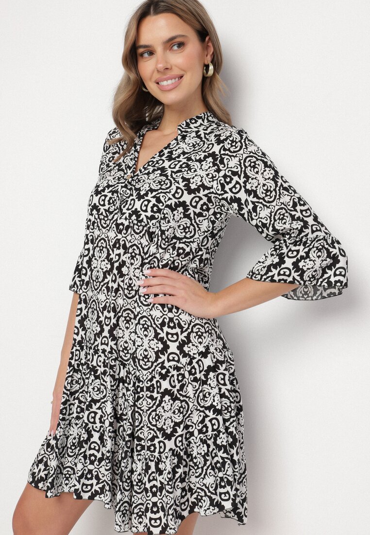 Rochie Neagră de bumbac cloș cu volan cu imprimeu ornamental Laneloren