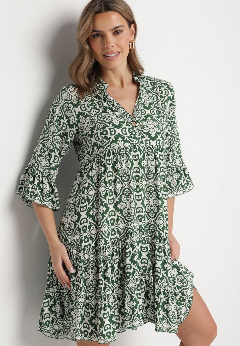 Rochie Verde din bumbac evazată cu volan cu model ornamental Laneloren