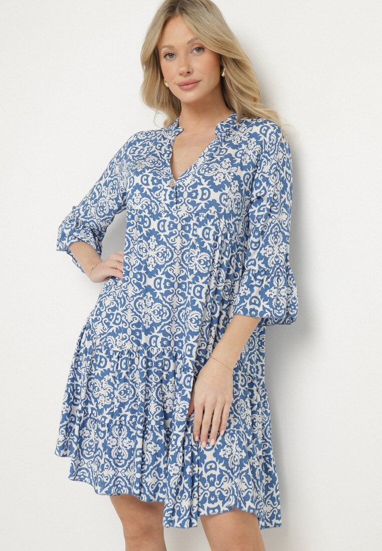 Rochie Albastră din Bumbac Cloș cu Volan cu Model Ornamental Laneloren