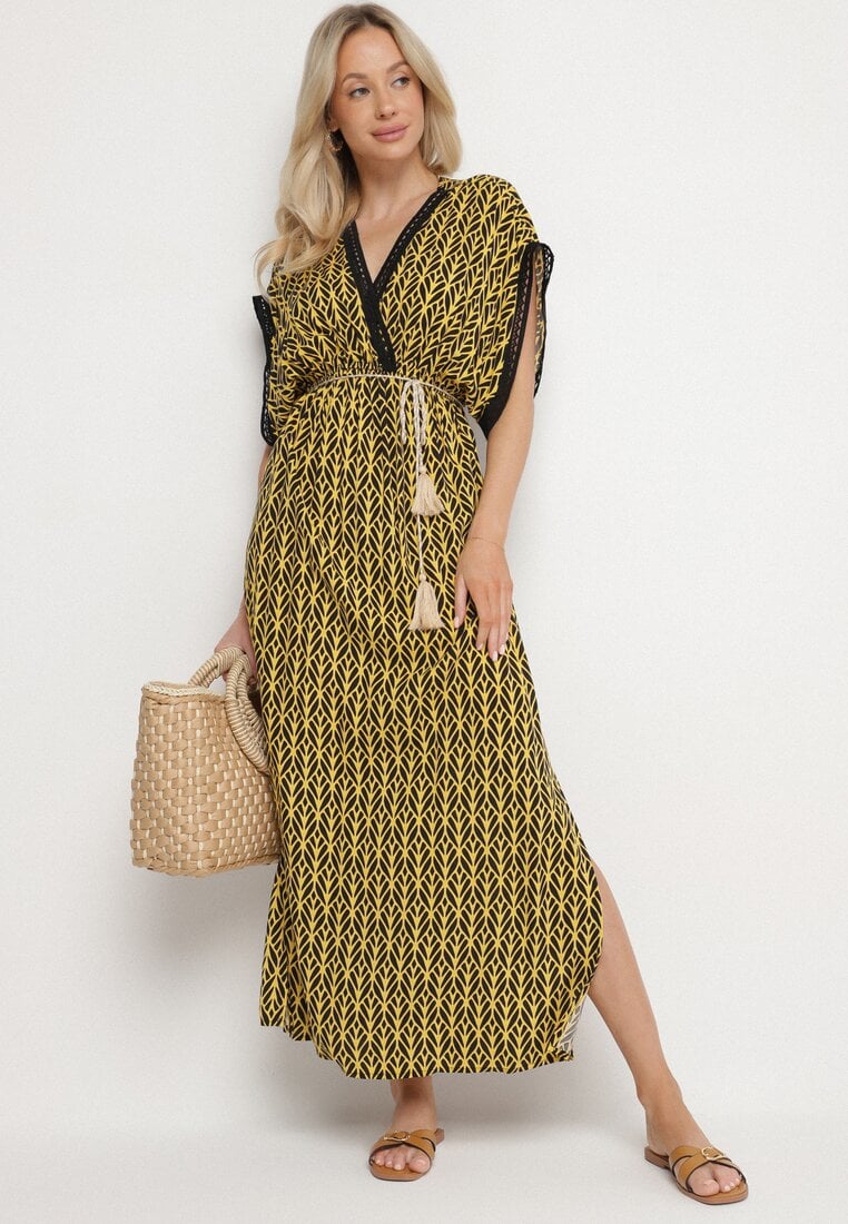 Rochie Galbenă Din Bumbac Cloche cu Inserții Din Dantelă Laniwena