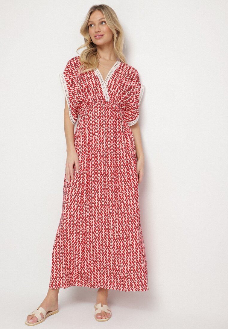 Rochie Roșie din Bumbac Cloș cu Inserții de Dantelă Laniwena