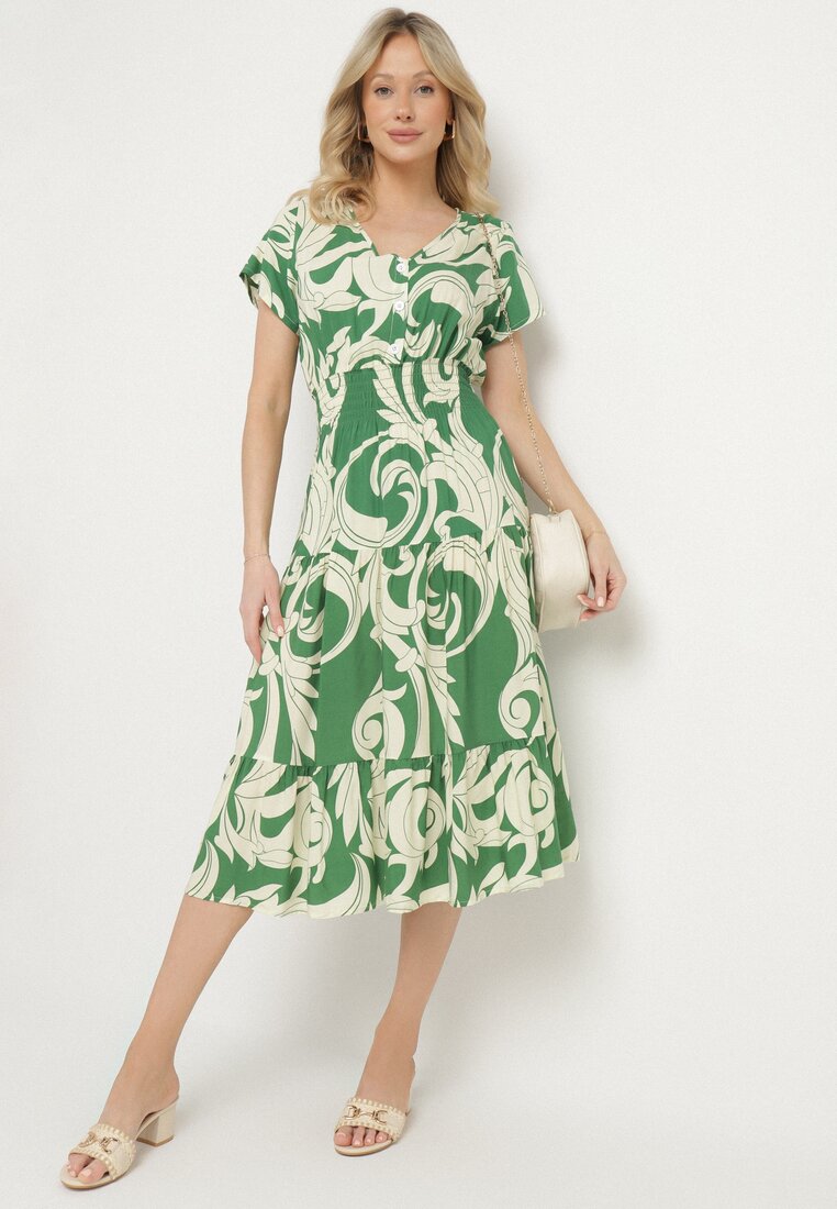 Rochie Verde din Bumbac Decorată cu nasturi și cu Model Geometric Talissea