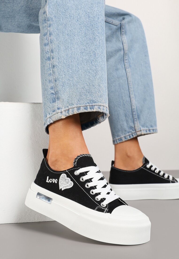 Tenisi Negri cu Talpă Groasă Decorați cu Inimă și cu Inscripția Lurindia