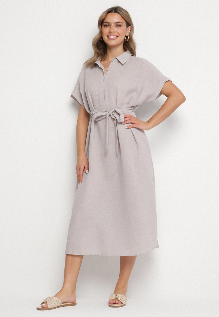 Rochie Gri deschis din Viscoză cu Croială Tip Cămașă cu Curea Legată Danisna