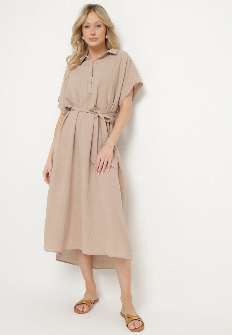 Rochie Bej închisă din Viscoză cu croi de cămașă cu cordon înnodat Danisna
