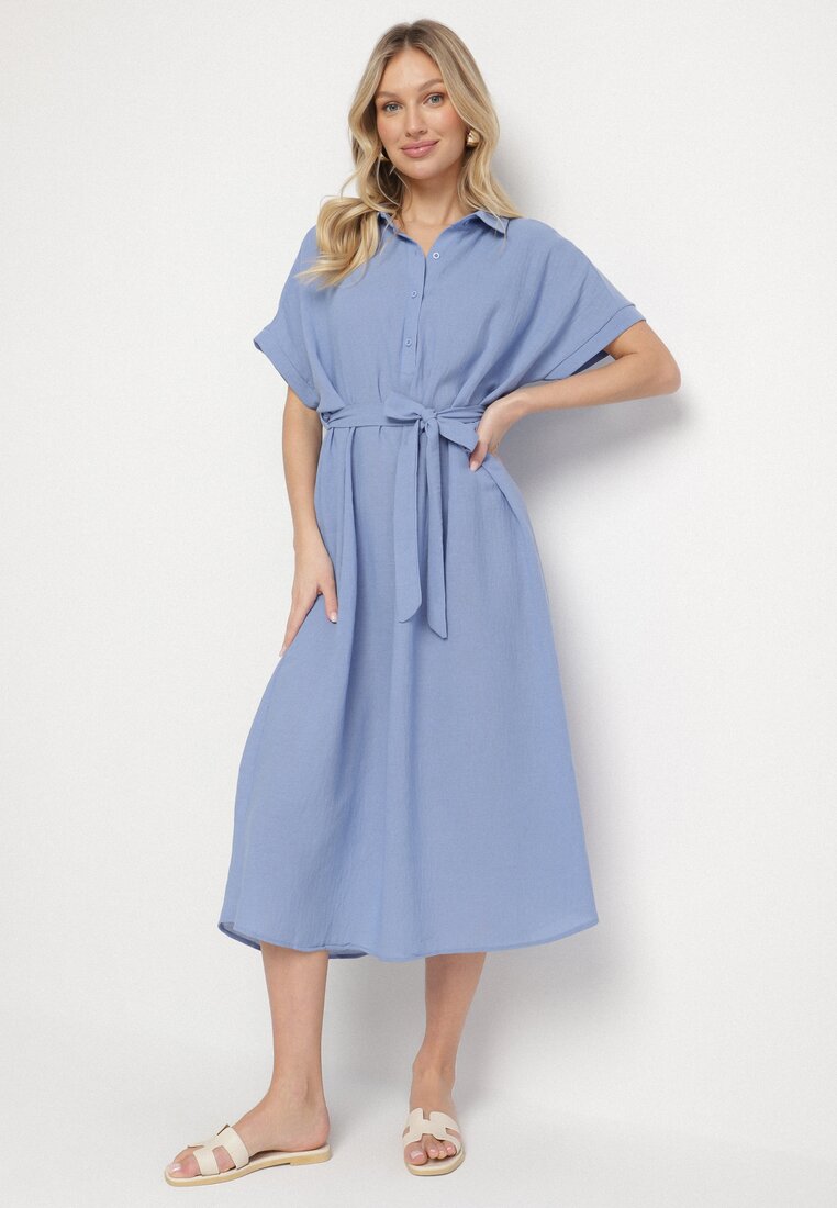 Rochie Bleumarin din Viscoză cu Croială Tip Cămașă cu Cordon Legat Danisna