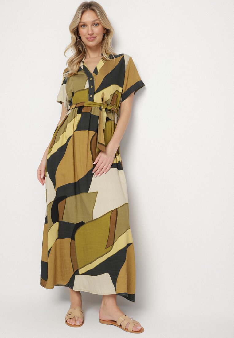 Rochie Verde Evazată din Viscoză cu Model Geometric cu Curea Ranislla