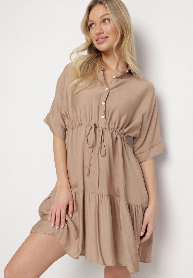 Rochie cămașă bej închisă din viscoză cu guler și cordon Nanieria