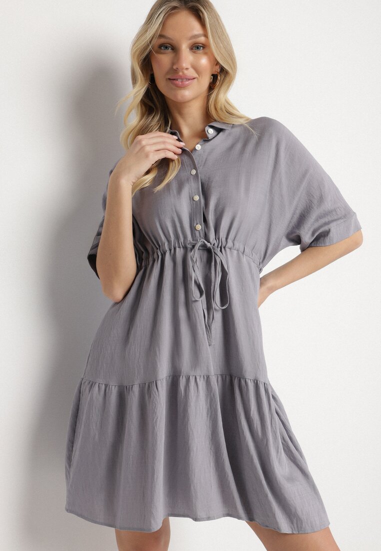 Cămașă-rochie Gri din Viscoză cu Guler și Legătură Nanieria