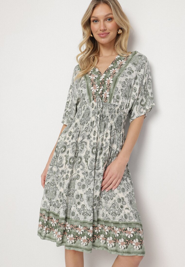 Rochie Verde închis din viscoză cu imprimeu ornamental cu bandă elastică lată în talie Tanissla