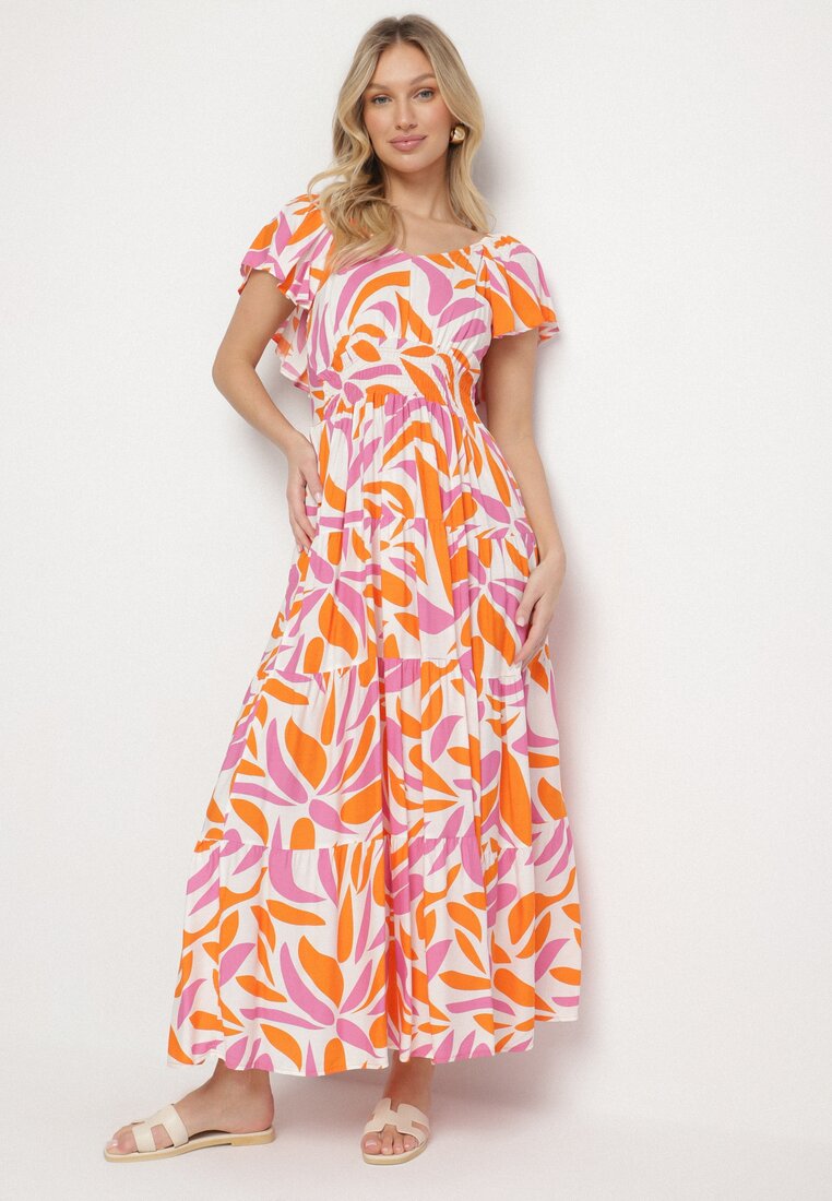 Rochie Vâscoză Portocalie Evazată Decorată Cu Imprimeu Geometric Niserias