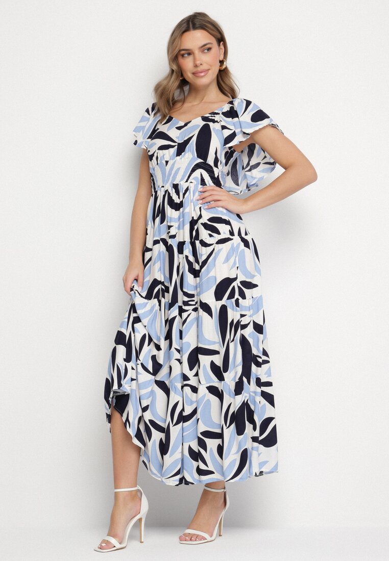 Rochie Albastră de vâscoză evazată, decorată cu imprimeu geometric Niserias