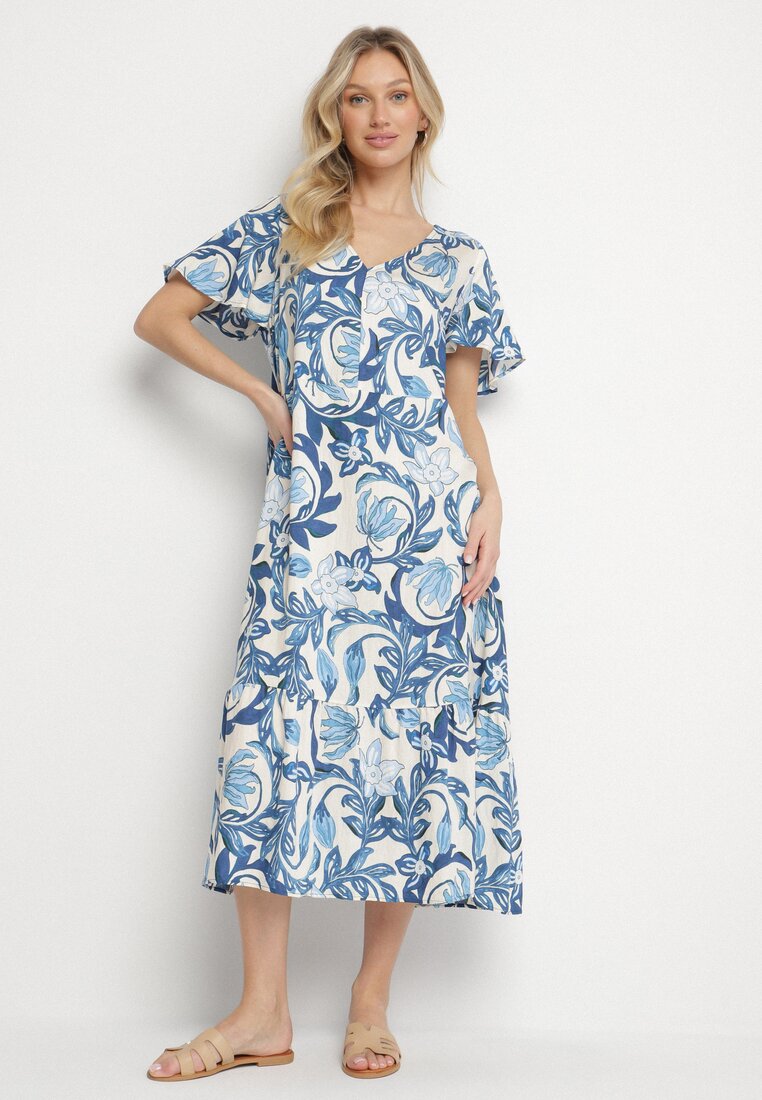 Rochie Dreaptă Albastră din Viscoză Florală cu Decolteu în V Inisara