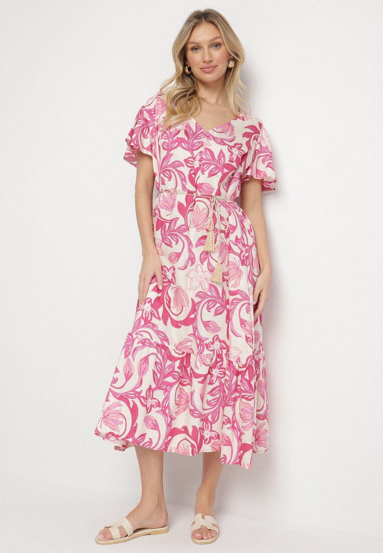 Rochie Roz tip cutie din vâscoză cu flori cu decolteu în V Inisara