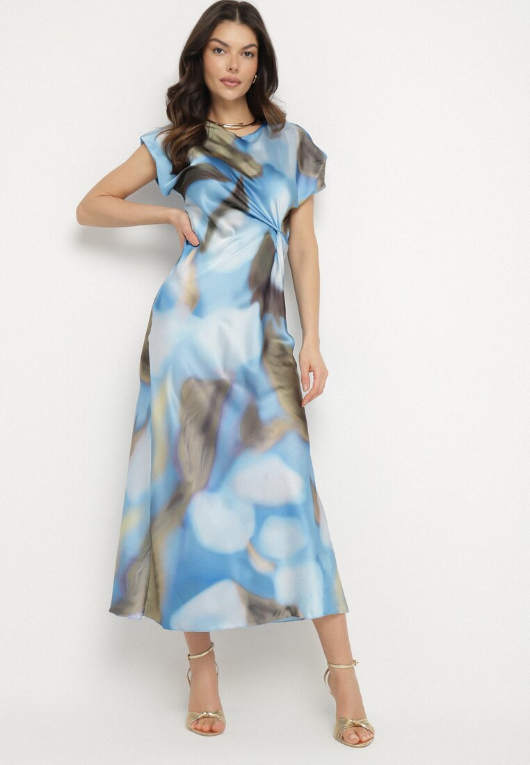 Rochie Evazată Albastră cu Imprimeu Abstract cu Încrețituri Decorative Tillanara