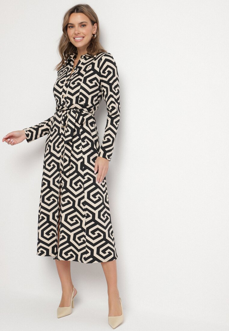 Rochie Tip Cămașă Neagră cu Viscoză Curea și Model Geometric Erislevia