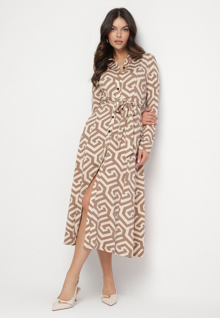 Rochie cămașă Bej cu viscoză, cu curea și motiv geometric Erislevia.