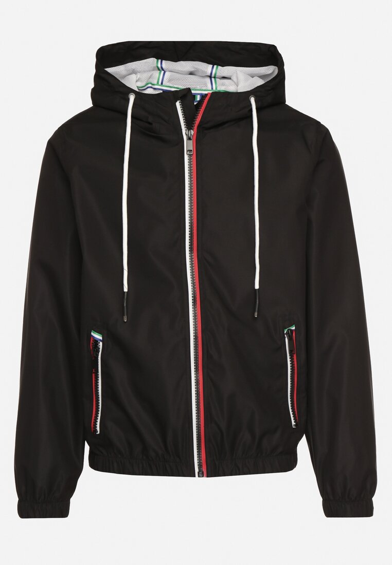 Geacă Neagră Antivânt cu Glugă și Buzunare cu Fermoar Adivoria