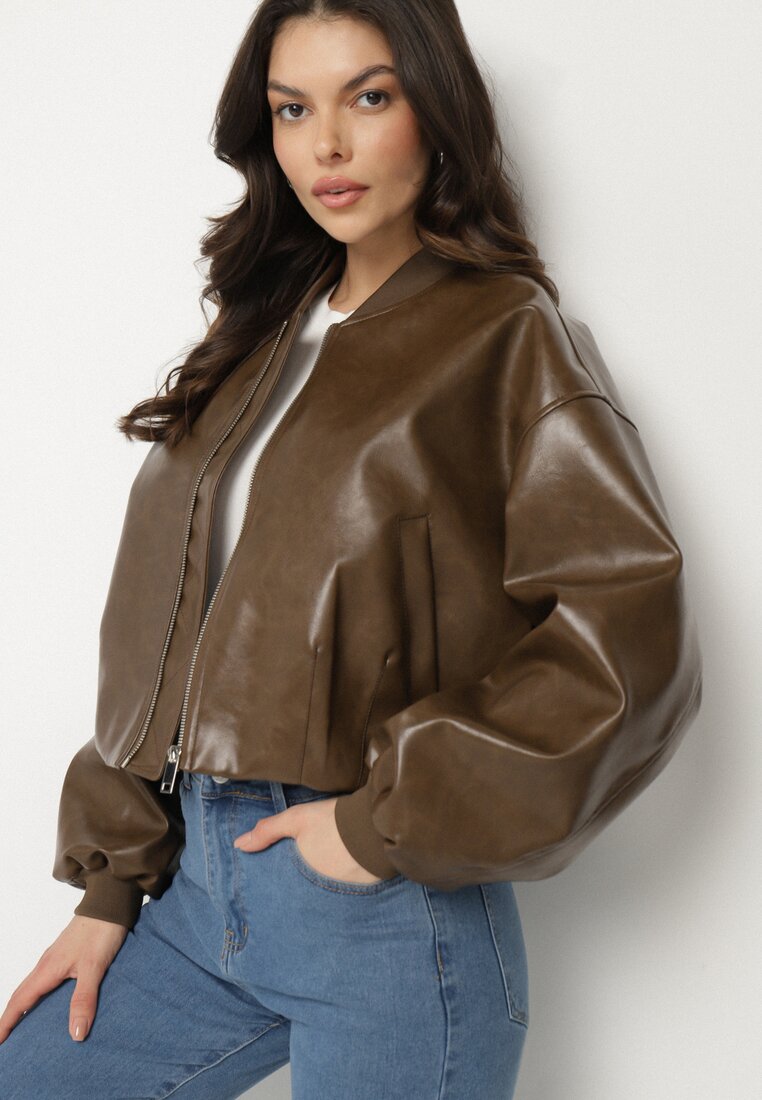 Geacă bomber maro cu viscoză din piele ecologică Nanisiela