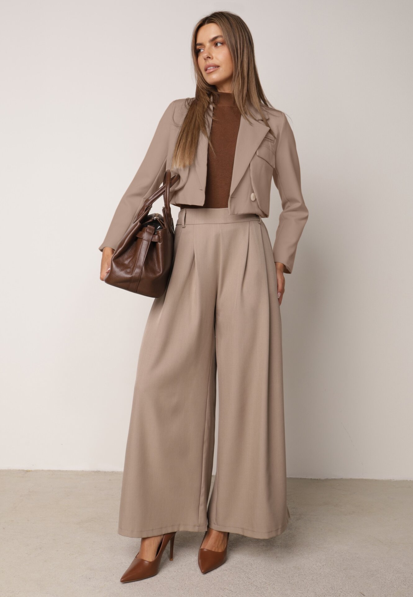 Pantaloni Maro deschis stil Palazzo cu buzunare oblice Adivena
