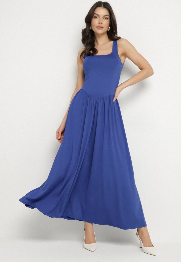 Rochie Albastră din Viscoză cu Croială Cloș cu Decolteu Pătrat Tilvia