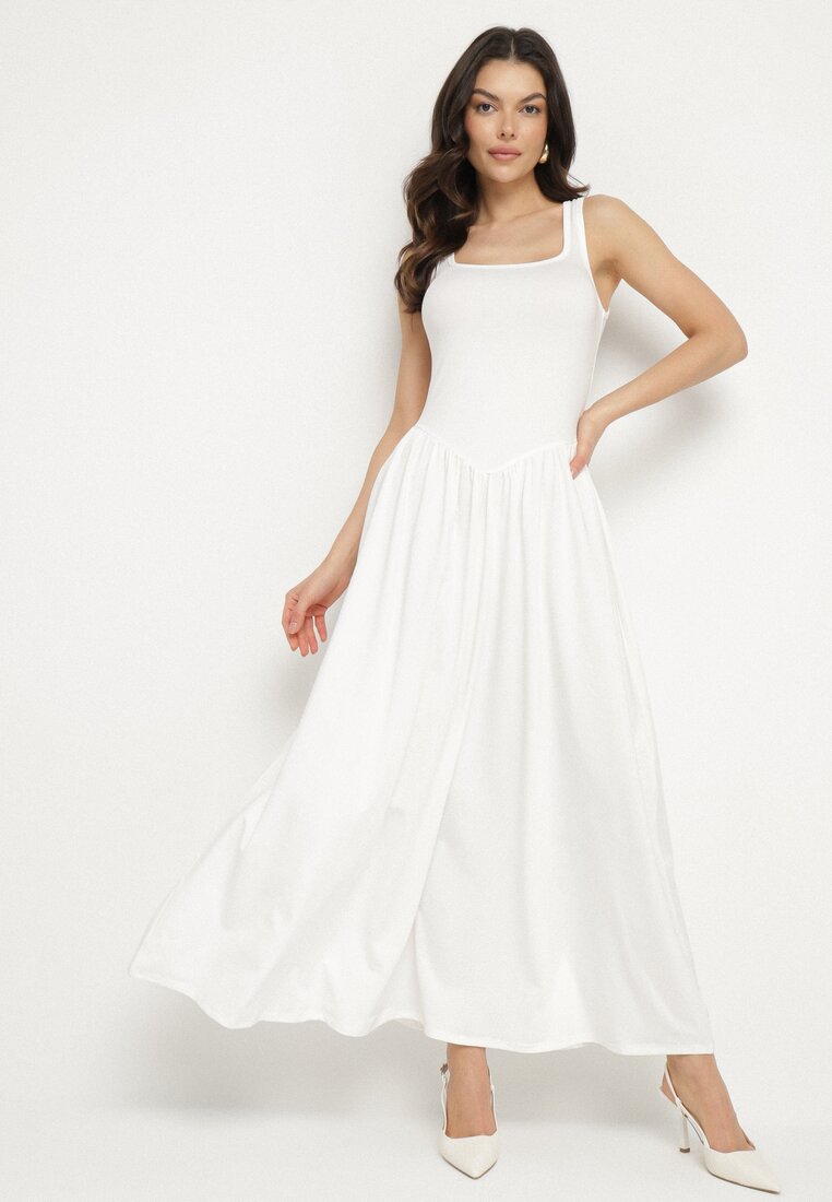 Rochie Albă din Viscoză cu croi Cloș cu Decolteu Pătrat Tilvia