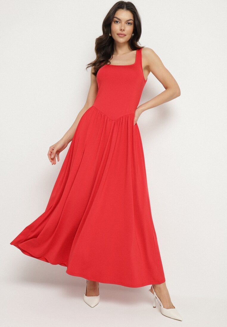 Rochie Roșie din Vâscoză cu croi Evazat cu Decolteu Pătrat Tilvia