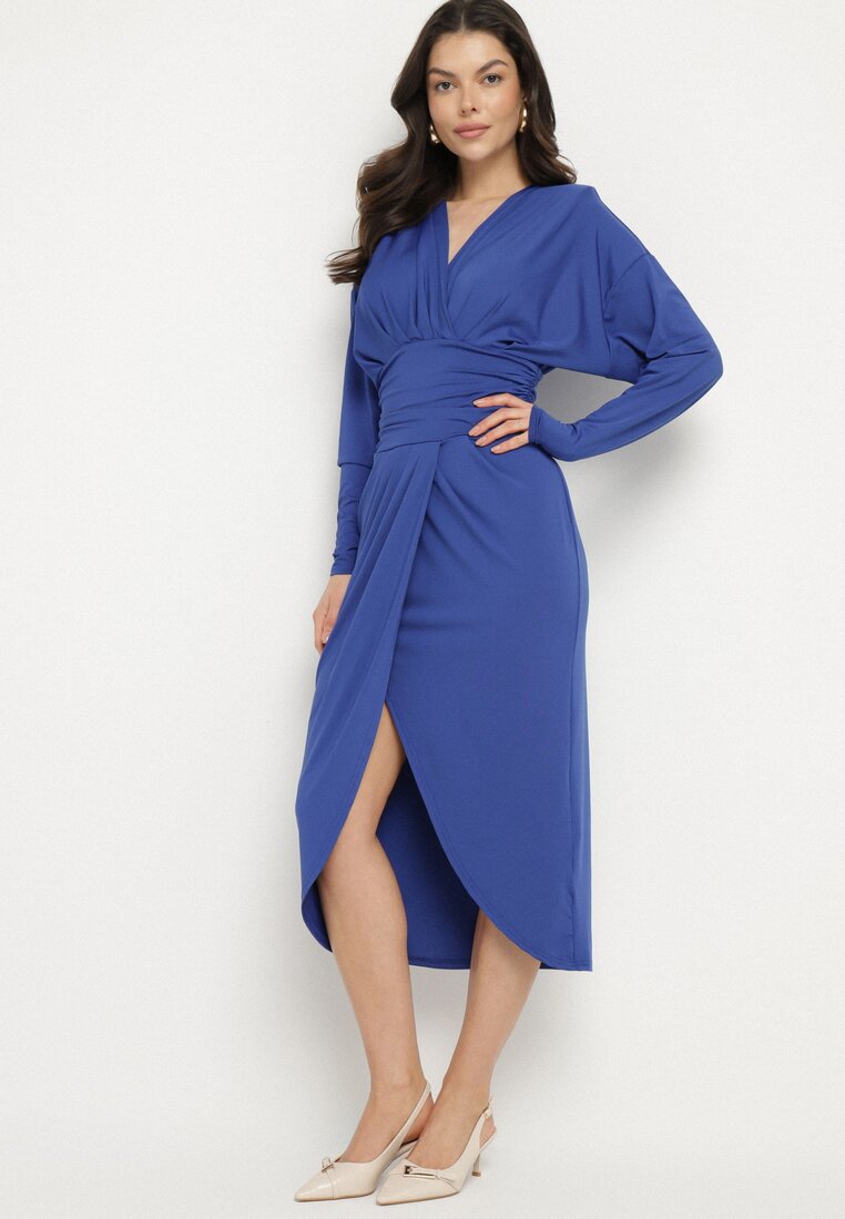 Rochie Tip plic Albastră din viscoză Decorată cu încrețituri Edivana