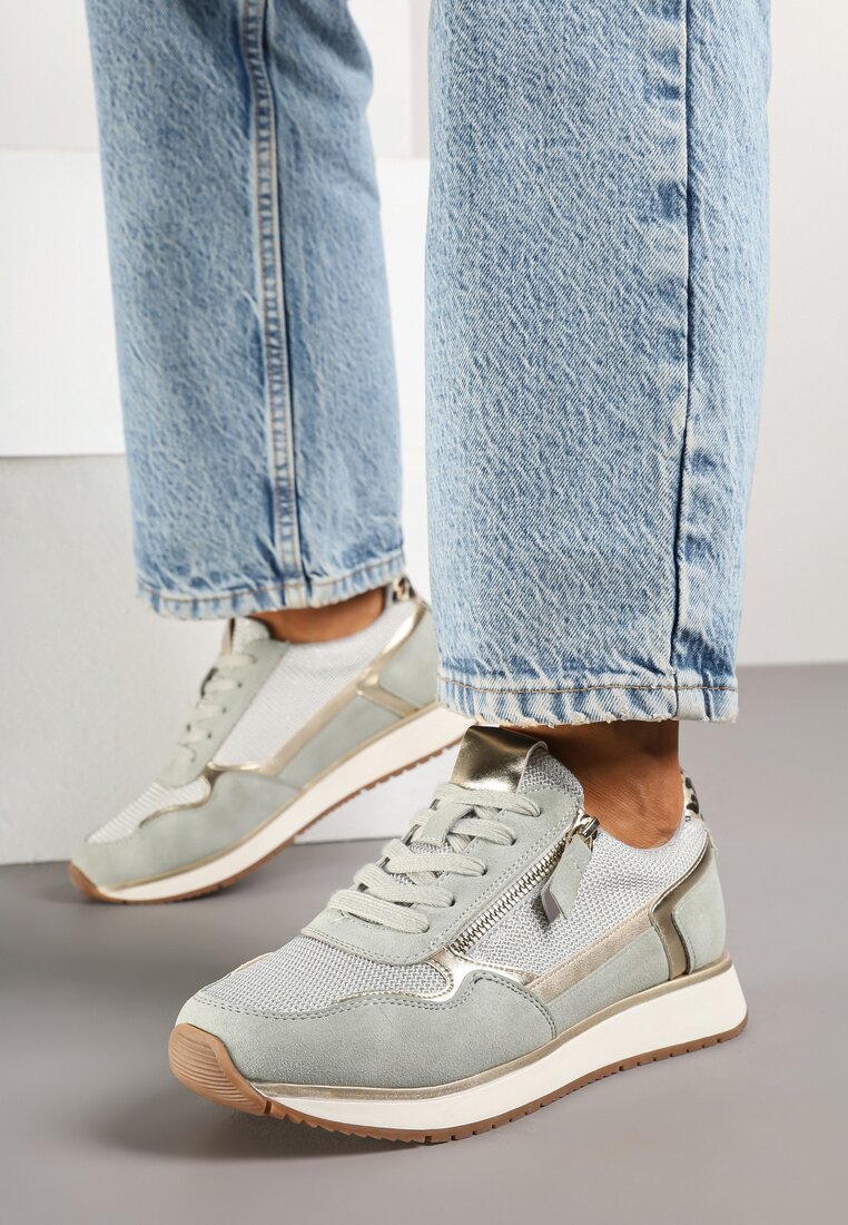 Adidași Verde deschis cu Inserții Metalice și Fermoar Decorativ Alanatia