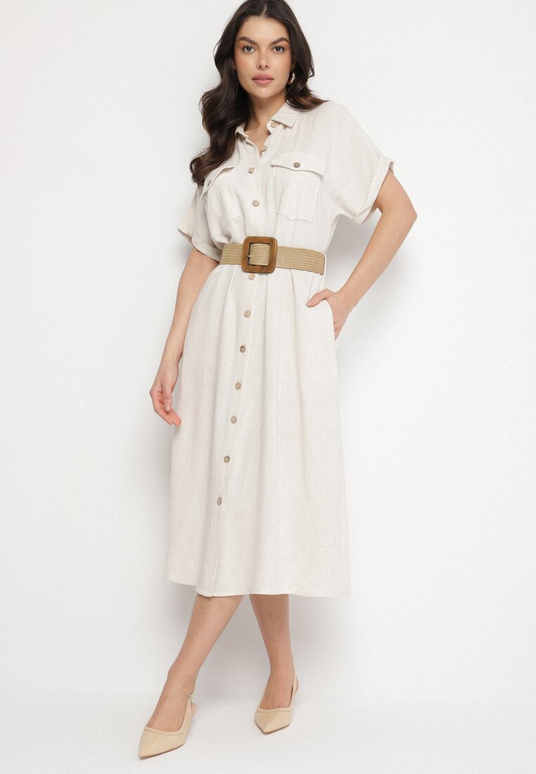 Rochie cămașă Bej din in și viscoză cu curea elastică cu cataramă Elanithea