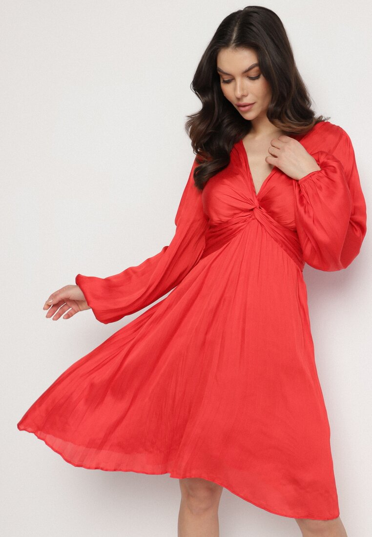 Rochie Roșie Evazată Plisată cu încrețituri și Decolteu în V Aladwen