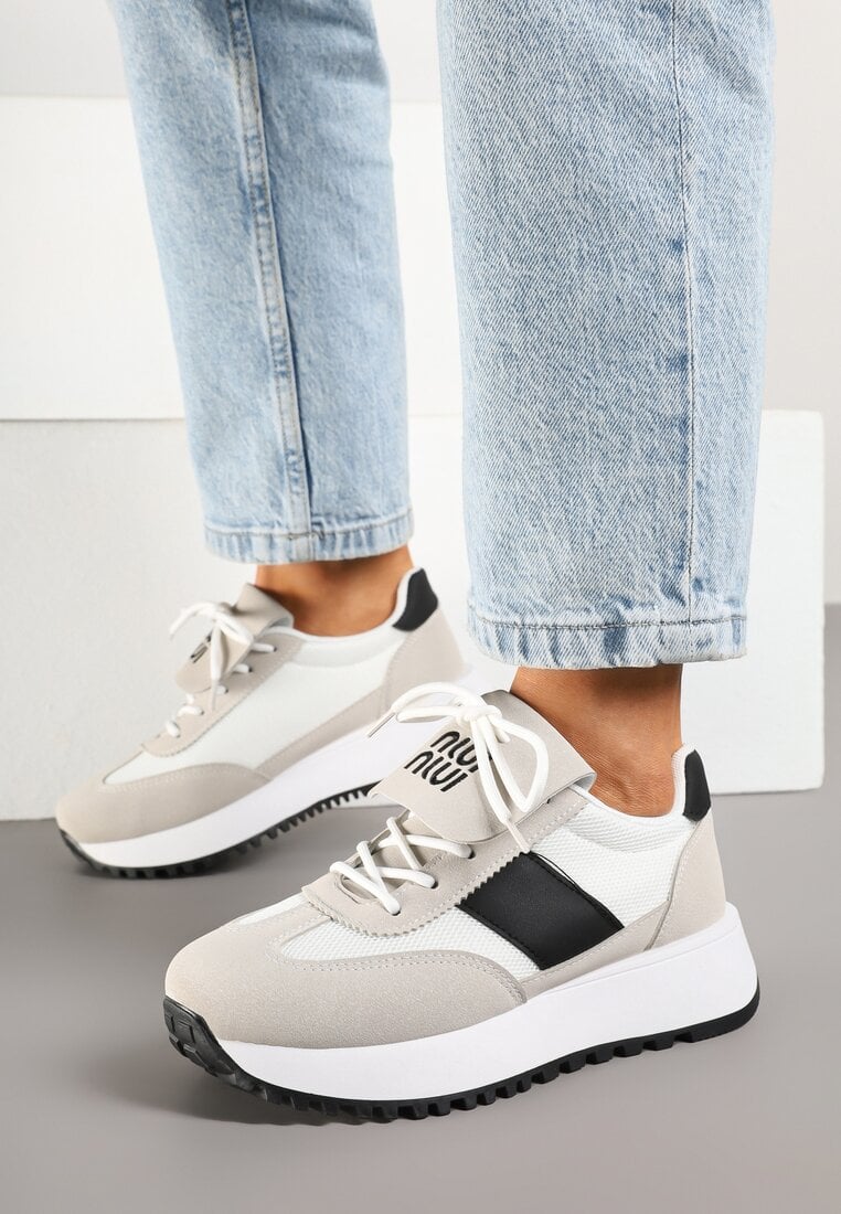 Sneakers Bej cu Negru pe Talpă Groasă cu Curea Decorativă Alutra