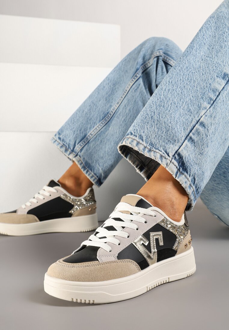 Sneakerși Negru-Bej cu Sclipici și Decorațiuni Metalice Pillar