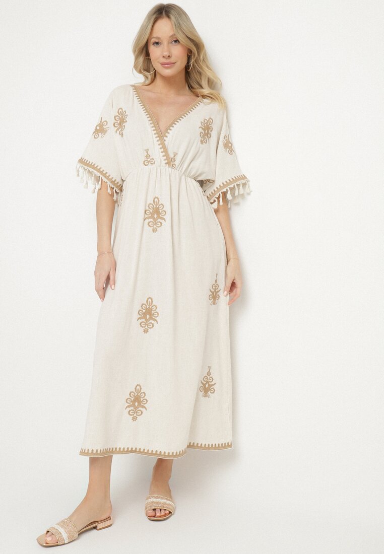 Rochie Bej din Viscoză cu In, cu Croială Plic, cu Legătură și Broderie Desarose