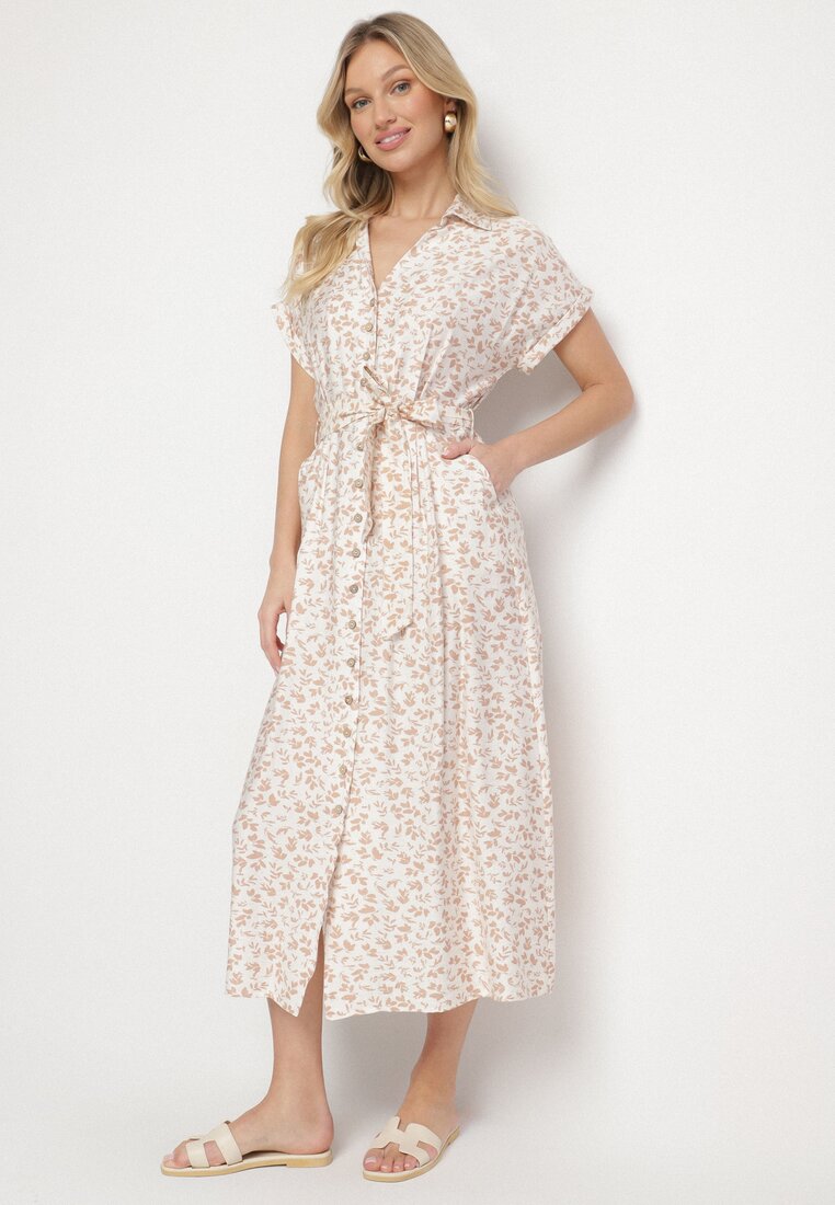 Rochie Bej deschis Din bumbac Cu imprimeu floral Stil cămașă Cu curea de legat Amondra