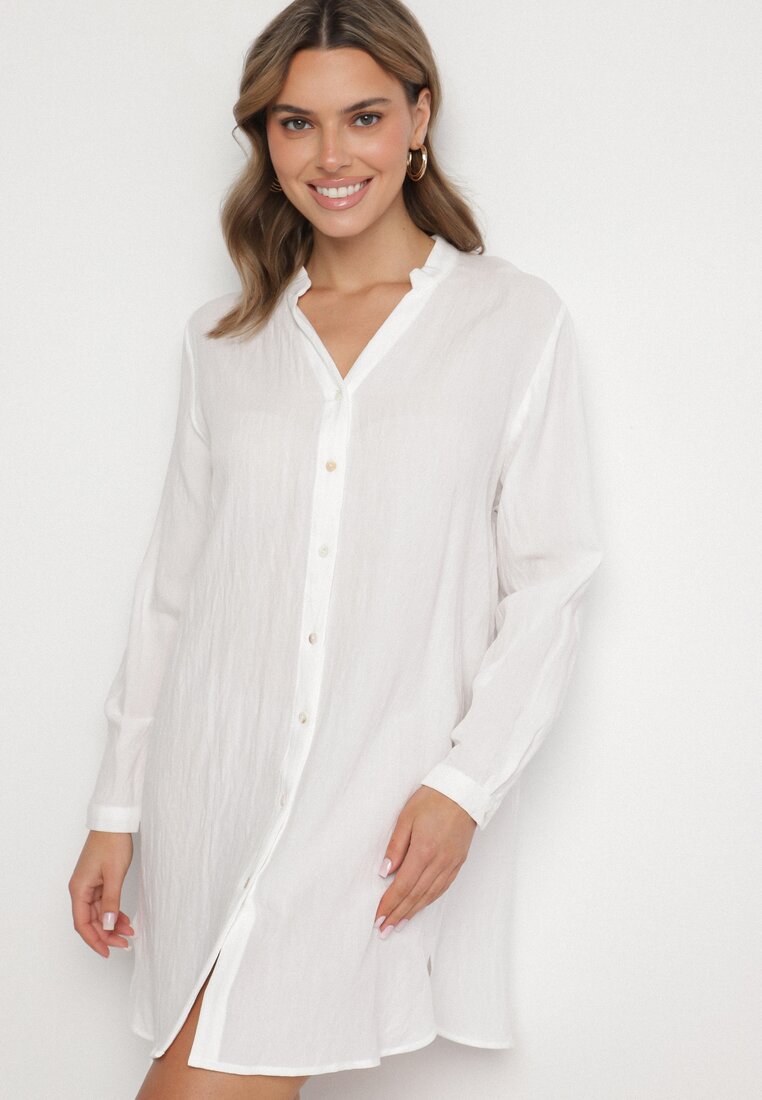 Rochie Albă Oversize din Bumbac cu Croială Simplă Tip Cămașă Elanistra