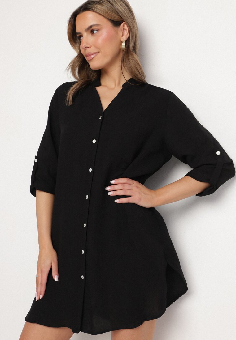 Rochie Neagră Oversize din Bumbac cu Croială Simplă Tip Cămașă Elanistra