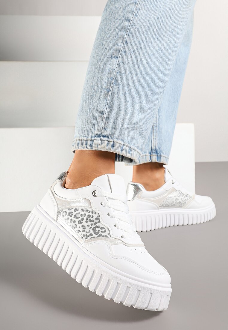 Sneakers Albe pe talpă groasă în relief cu perforații și imprimeu leopard Odivila